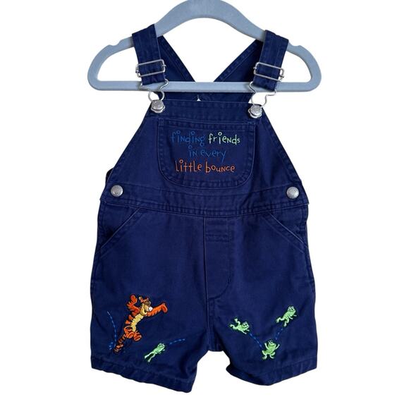 VTG Disney Store Tigger and Frog Purple/Blue Overalls Shorts Baby 6M - Picture 1 of 7